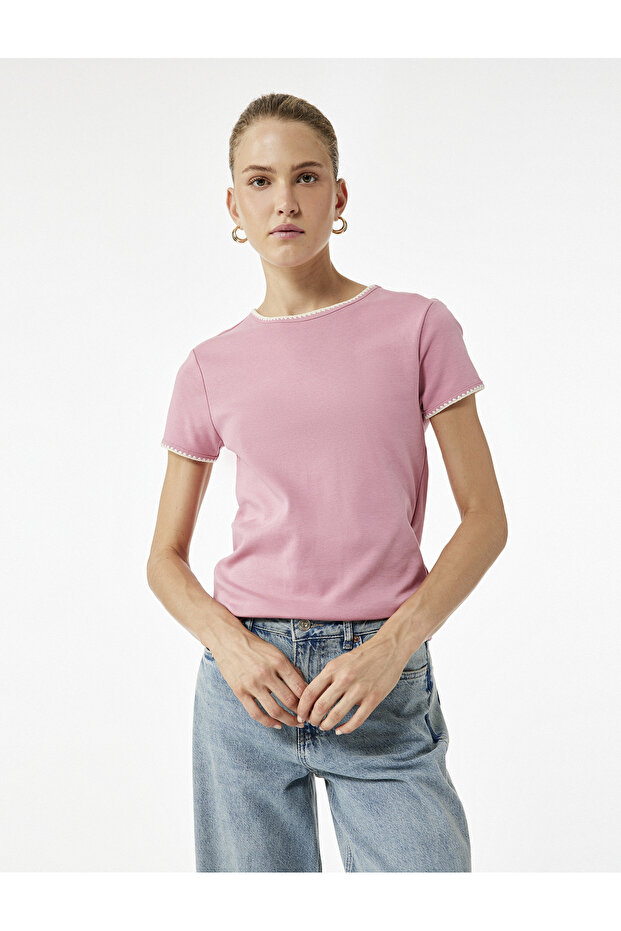 Cotton Slim Fit Short Sleeve Crew Neck T-Shirt with Crochet Detail