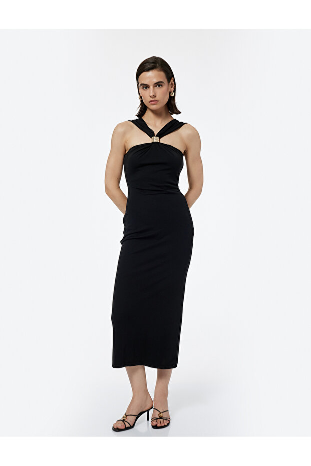 Square Neck Sleeveless Long Evening Dress with Metal Accessories