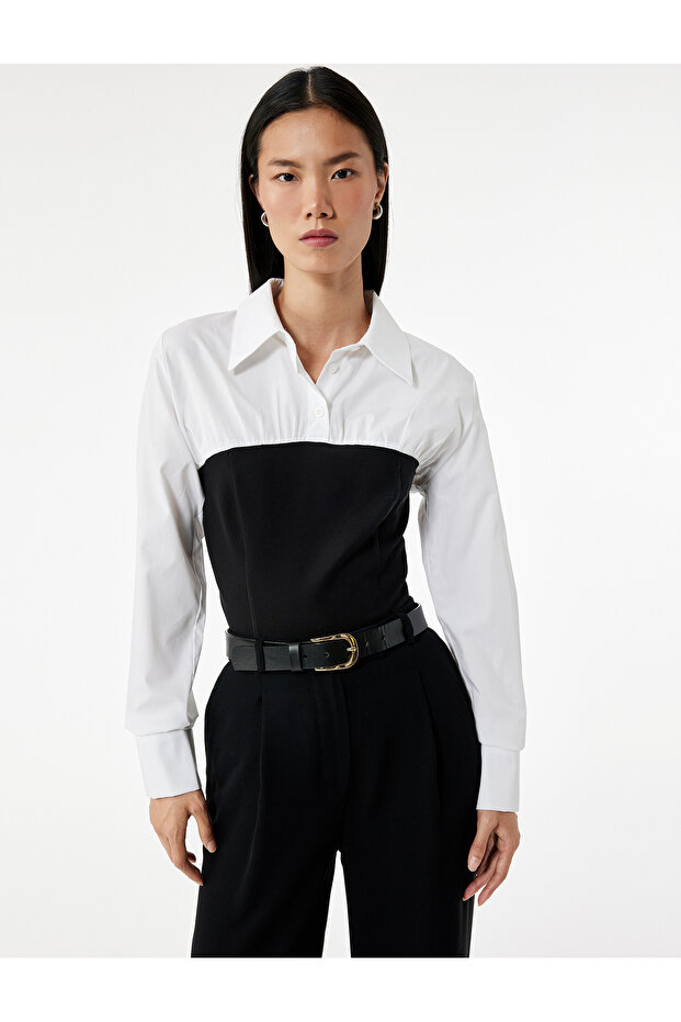 Slim Fit Long Sleeve Shirt with Corset Detail Using Two Different Fabrics