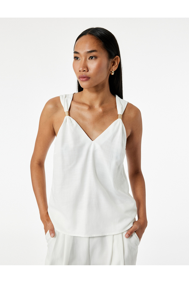V Neck Sleeveless Blouse with Metal Accessory Detail