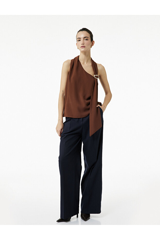 Crepe Fabric Asymmetric Halter Neck Sleeveless Blouse with Metal Accessories