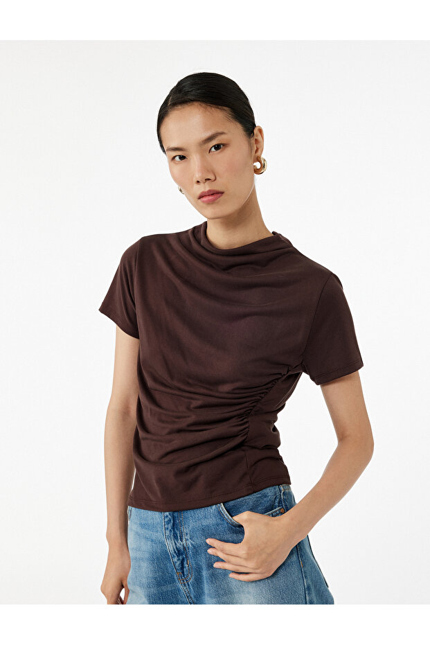 Modal Fabric Slim Fit Draped Short Sleeve Wide Stand Collar Blouse