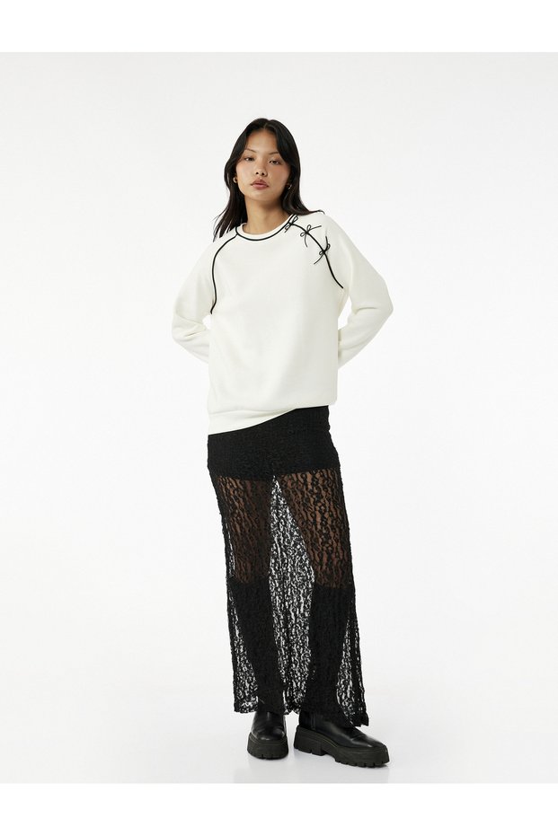 Fleece-Lined Long Sleeve Bow Crew Neck Oversized Sweatshirt
