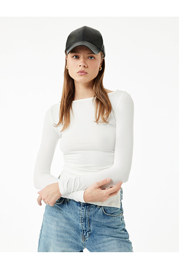 Boat Neck Draped Slim Fit Viscose Blend Slit Long Sleeve T-Shirt