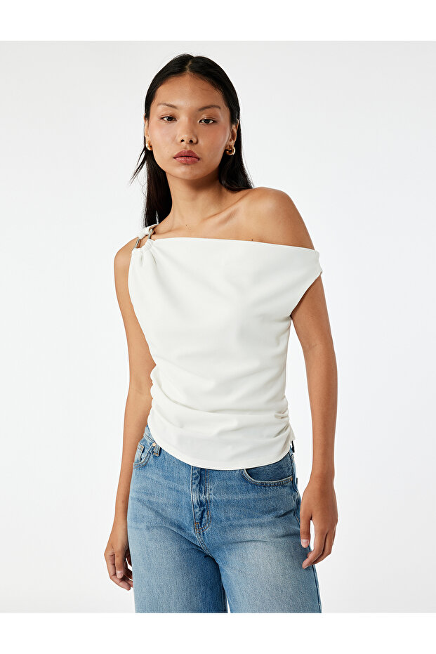 Slim Fit Draped Asymmetrical Neckline Sleeveless Blouse with Metal Accessories
