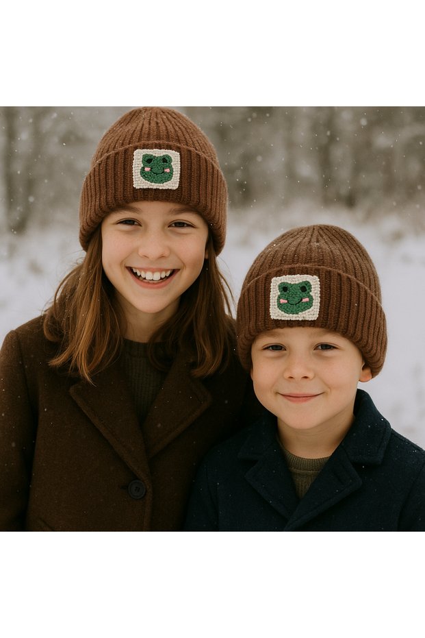 Dark Brown Wool Children's Beanie with Frog Animal Figure and Punch Detail