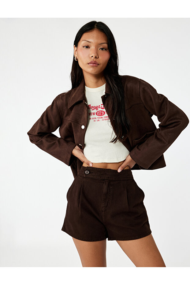 Classic Collar Long Sleeve Faux Suede Shirt with Snap Button Pocket Detail