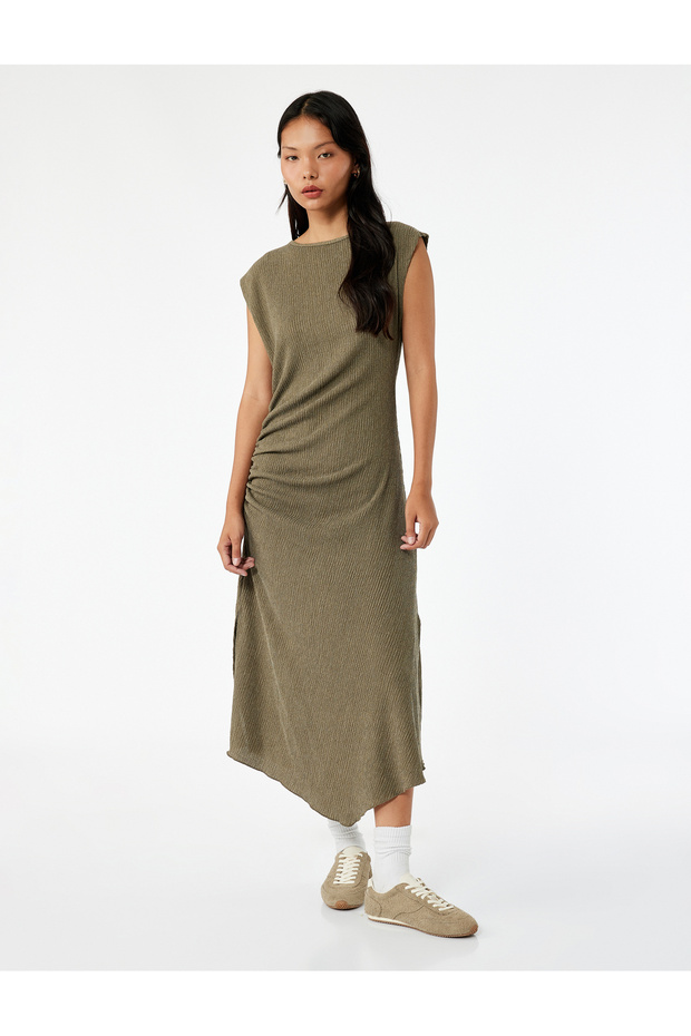 Sleeveless Crew Neck Asymmetrical Wrap Draped Midi Dress