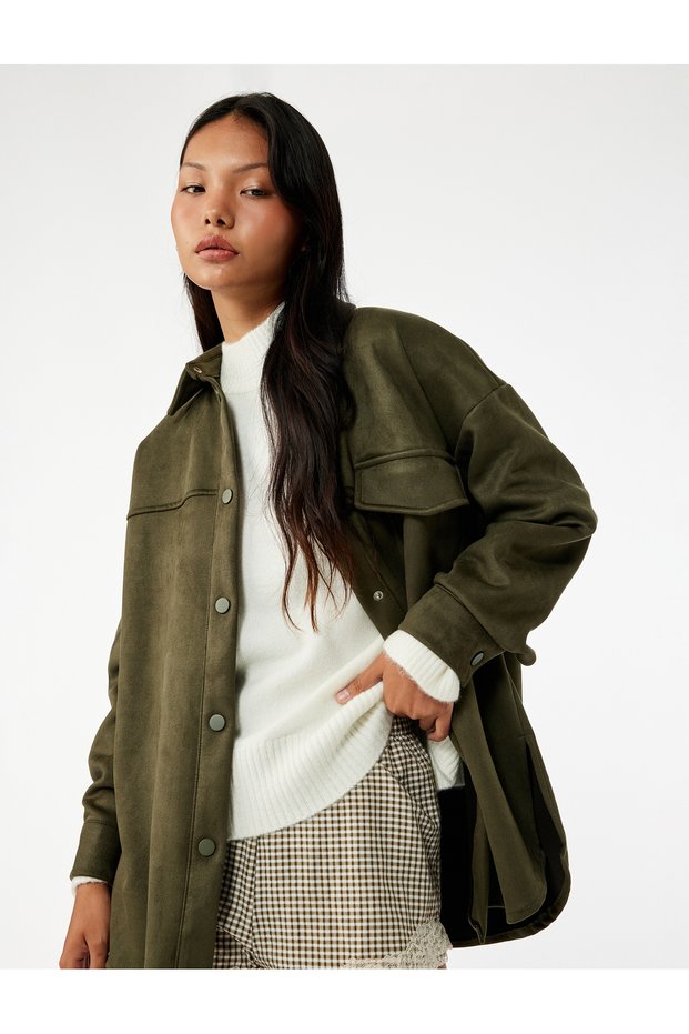 Classic Collar Pocket Detailed Oversize Buttoned Suede Look Shirt Jacket