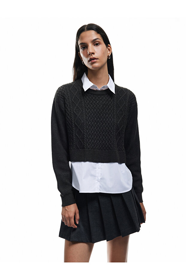 Long Sleeve Shirt Collar Hair Knitting Textured Viscose Blended Sweater