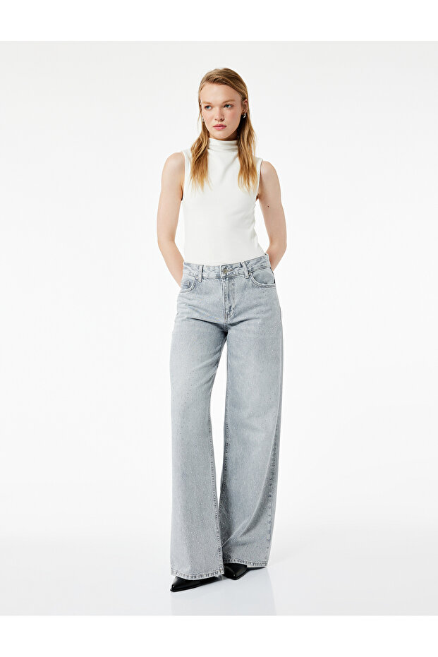 Wide Leg Denim Trousers with Stone Detail - Bianca Wide Leg Jeans