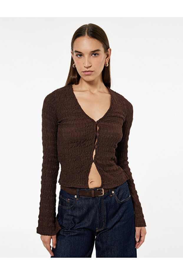 Long Spanish Sleeve V-Neck Buttoned Wrap Cardigan