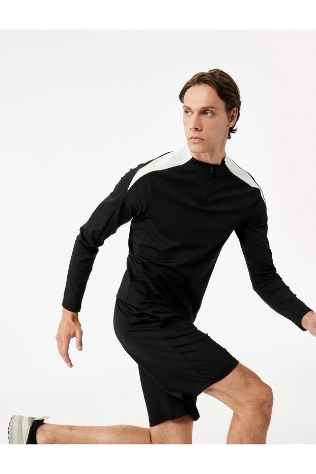Long Sleeve Color Contrast Zipper Detail Crew Neck Sports T-Shirt