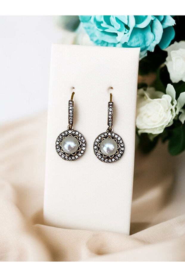 Crystal Stone Round Pearl Earrings