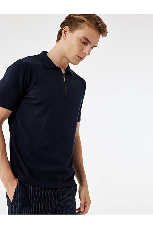 Viscose Regular Fit Polo Neck Half Zipper Short Sleeve Knitwear T-Shirt