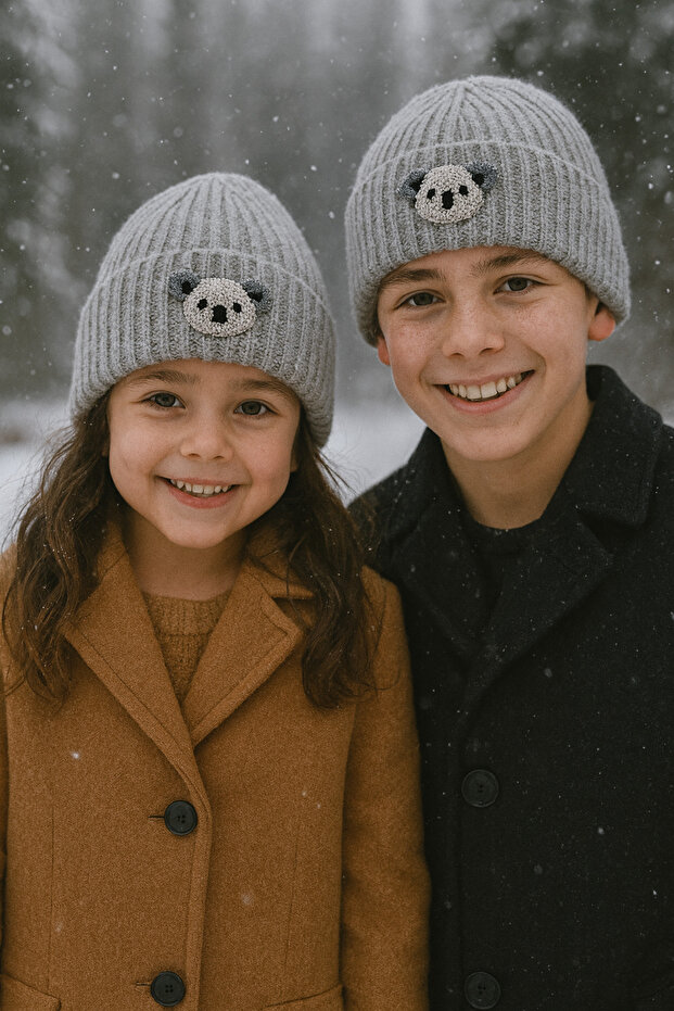 Gray Wool Children's Beanie with Koala Animal Figure and Punch Detail