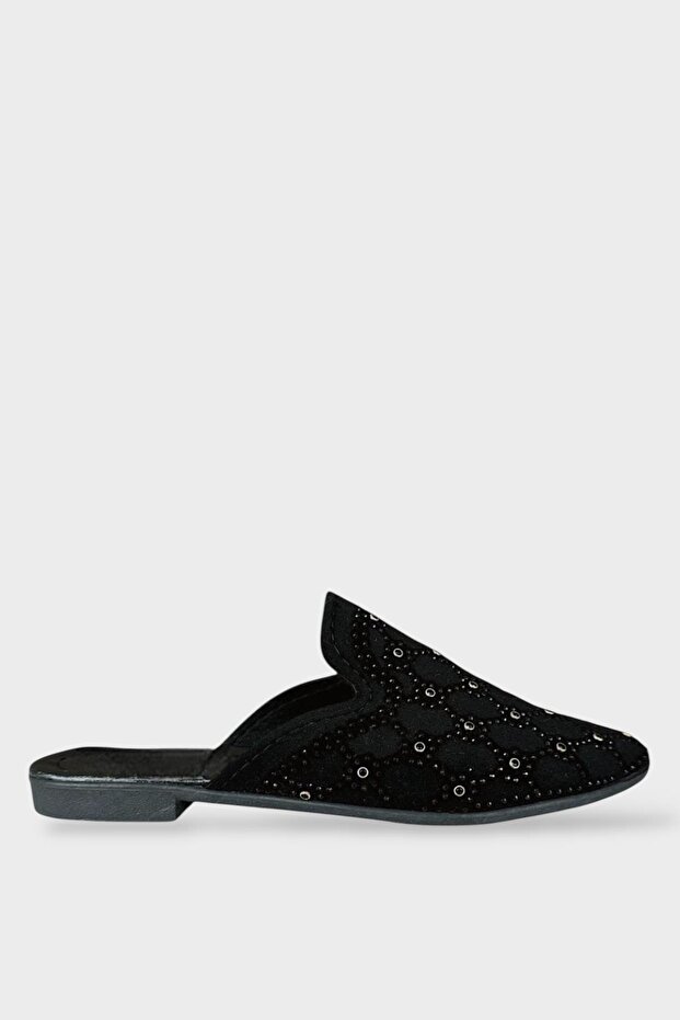 Suede Pointed Toe Stone Design Women's Slippers Black - Gold