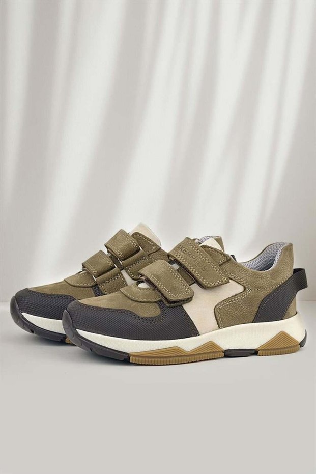 Genuine Leather Mink Brown Kids Velcro Sneakers Sports Shoes