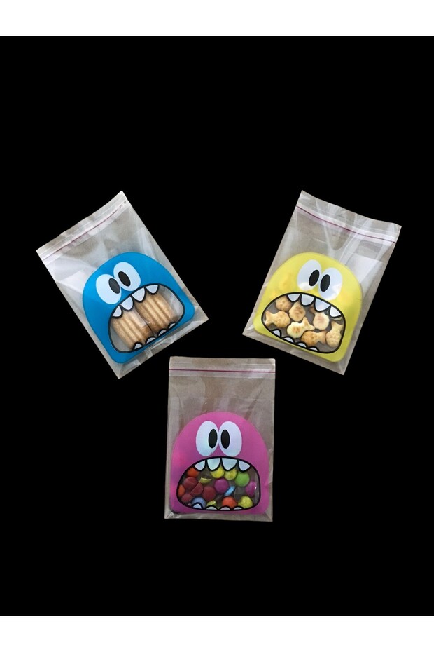 150 Adet 10x14 Cm Canavar Desenli Bantlı Şeffaf Opp Jelatin Poşet, Kurabiye Poşeti - 1