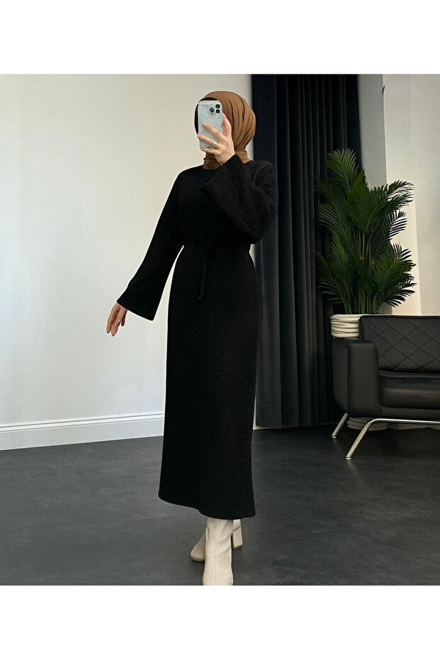 Bağlamalı Oversize Triko Elbise Geniş Kol - 2