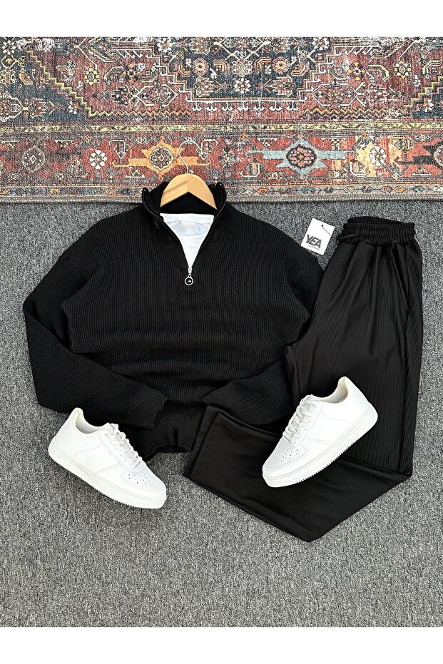 Selanik Knit Stand Collar Half-Zip Sweater and Ottoman Fabric Trousers 2-Piece Set