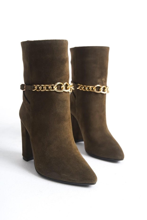 Mubiano Genuine Leather Collection Women's Chain Detailed Heeled Suede Boots Khaki - Mcalm23142 - Hk
