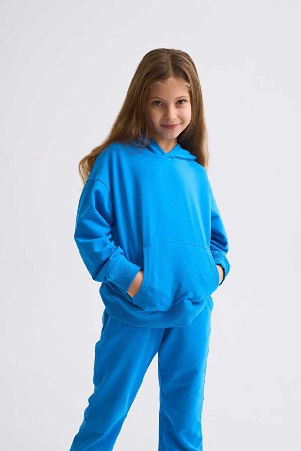 Organic Hooded Sweatshirt Girls Blue Long Sleeve