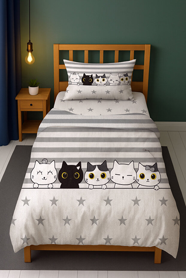 Cute Cats Sibling Twin Kitten Stars Patterned Single Baby Duvet Cover Set