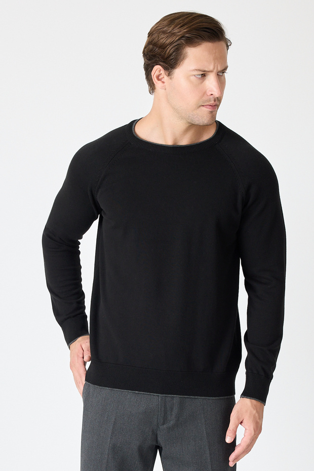 Lunox Men's Black Italian Ribbed Cotton Sports Crew Neck Sweater