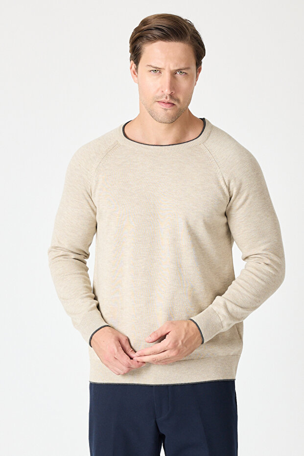 Lunox Men's Beige Italian Ribbed Cotton Sports Crew Neck Sweater