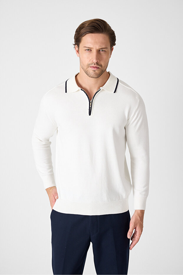 Solin Men's Bone Italian Ribbed Zippered Cotton Sports Polo Collar