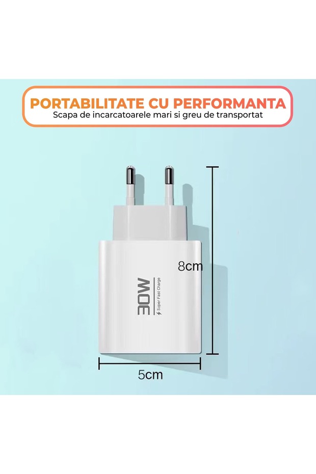 Încărcător de rețea, 3 porturi, încărcare rapidă 30W, 1 x Tip C, 1 x Lightning, 1 x USB, compatibil cu iPhone - 6