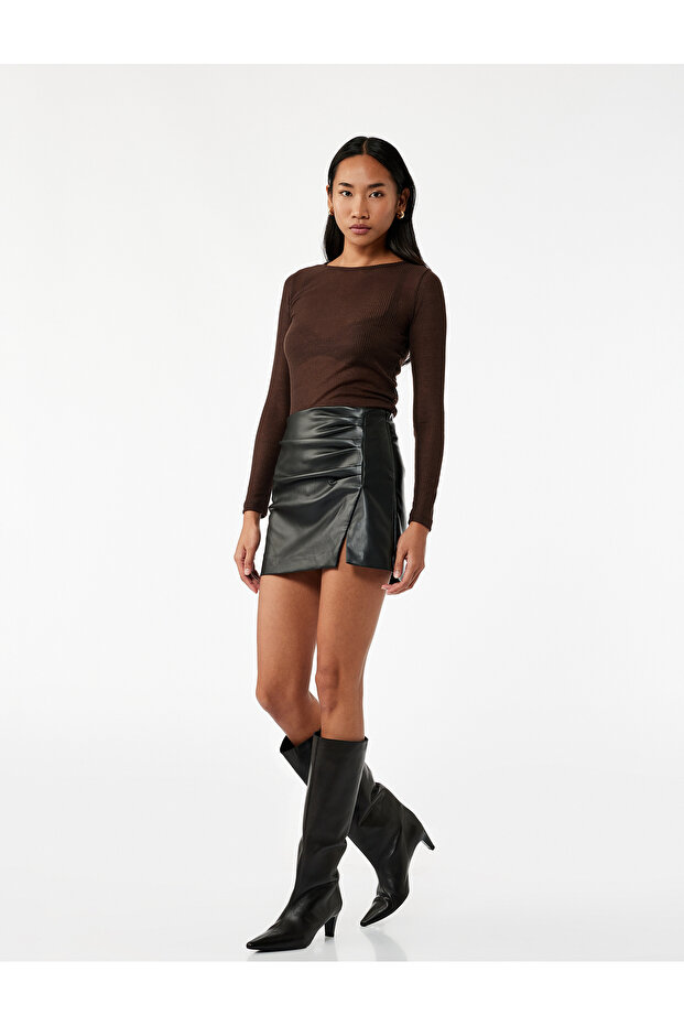 Drapeli Slit Faux Leather Mini Skirt