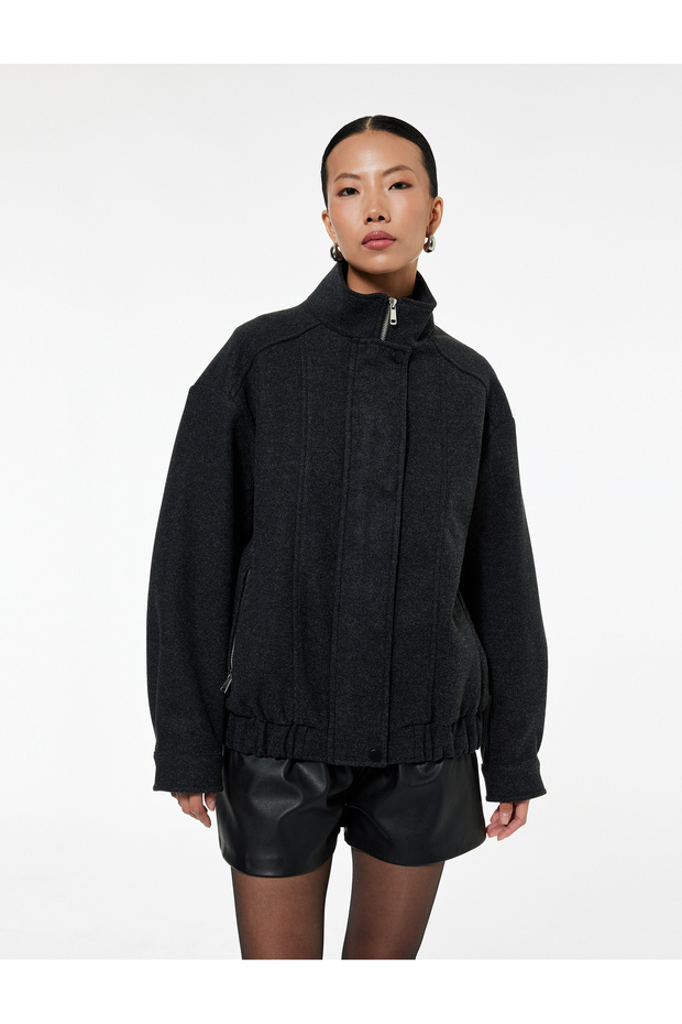 Long Sleeve Pocketed Stand Collar Zippered Crop Cashmere Bomber Jacket