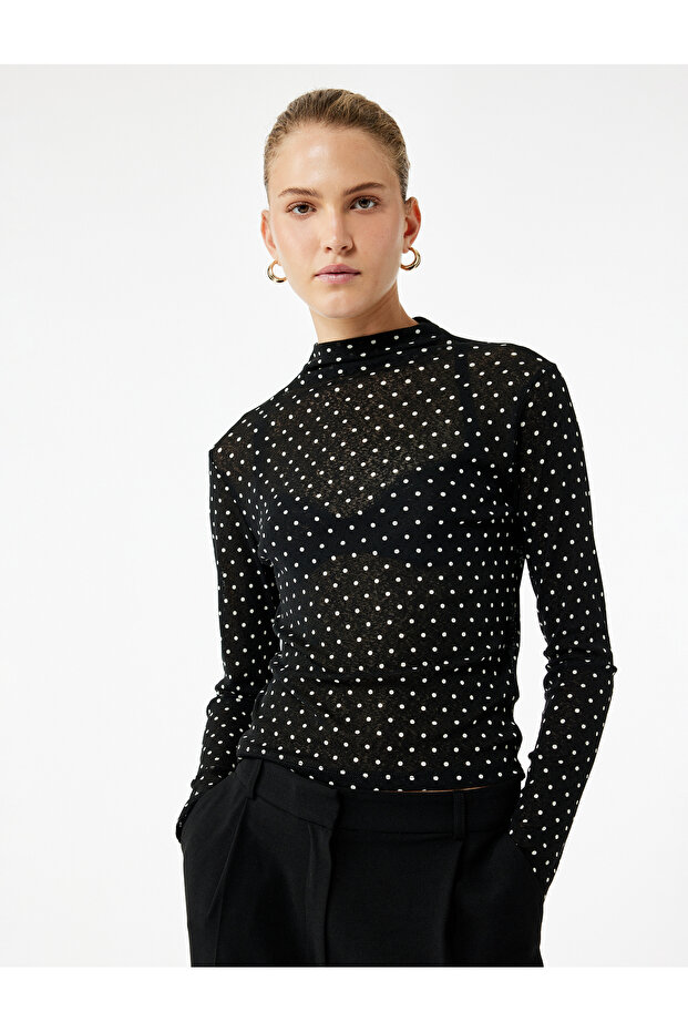 Slim Fit Long Sleeve Stand Collar Polka Dot T-Shirt