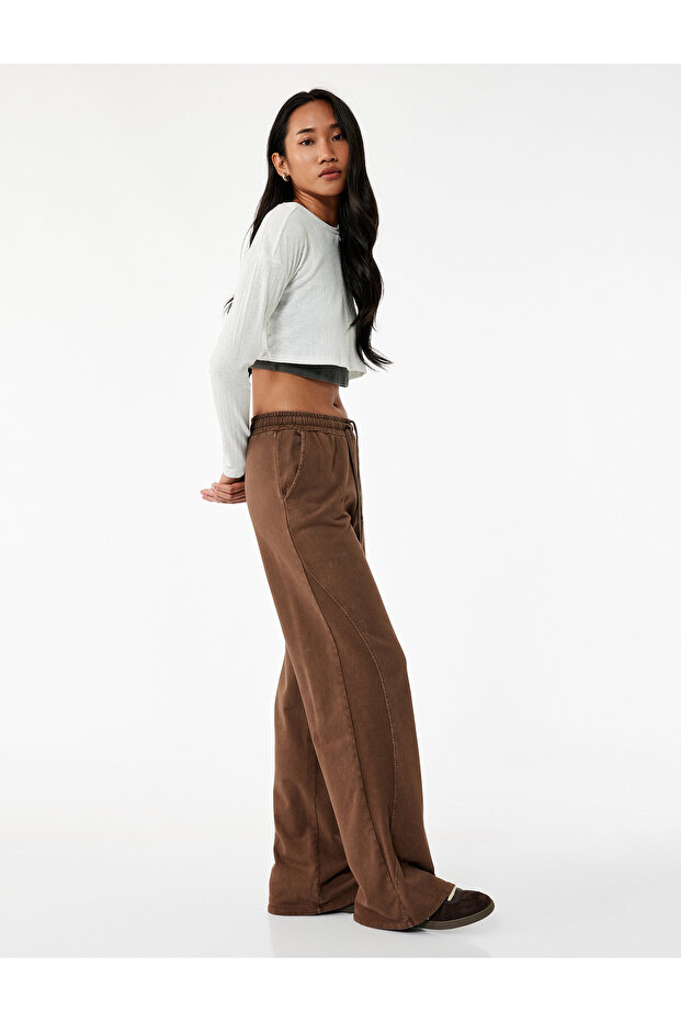 Three Thread Cotton Binding Detail Wide Leg Sweatpants with Pockets