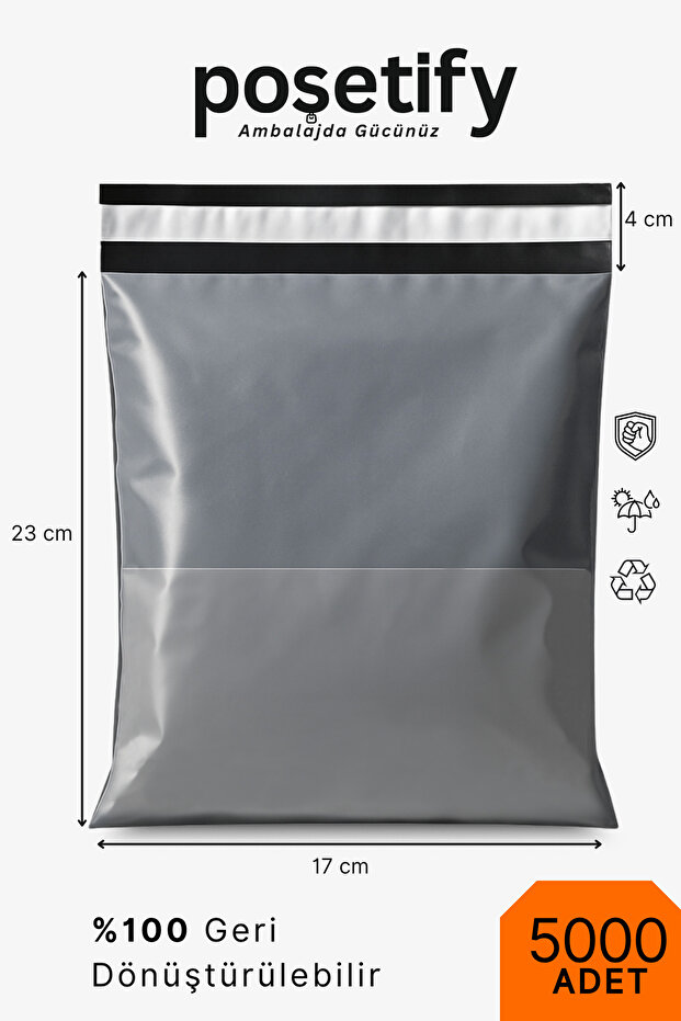Cepli Kargo Poşeti 17X23x4 cm | 5000 Adet | E-Ticaret Poşeti | Gri | Yapışkan Bantlı Kargo Zarfı - 1