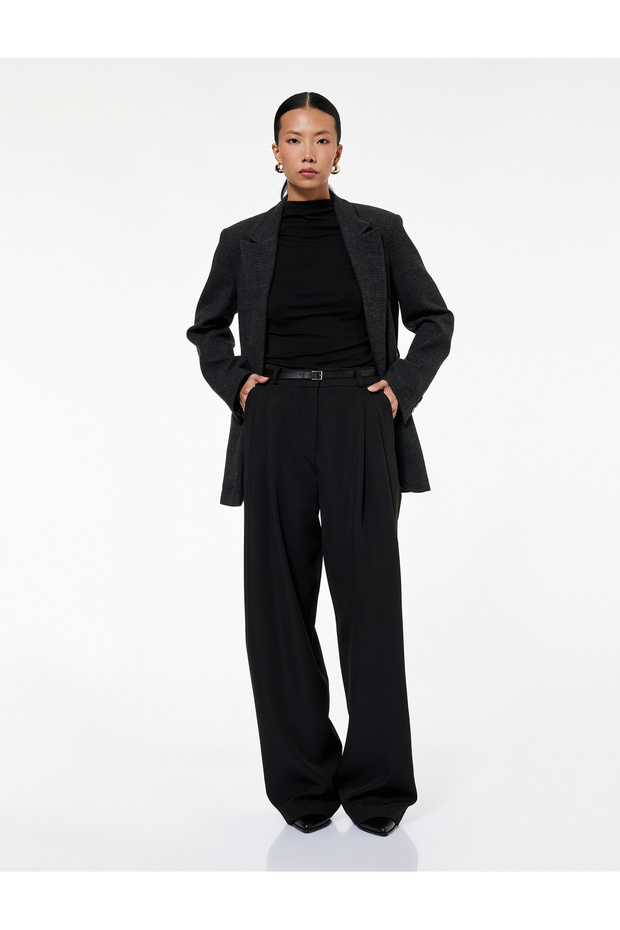 Wide Leg Pleated Fabric Trousers with Belt Detail and Pockets