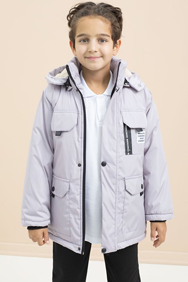Gray Text Detailed Boys' Hooded Coat with Chest Pocket and Fur Inside 21479