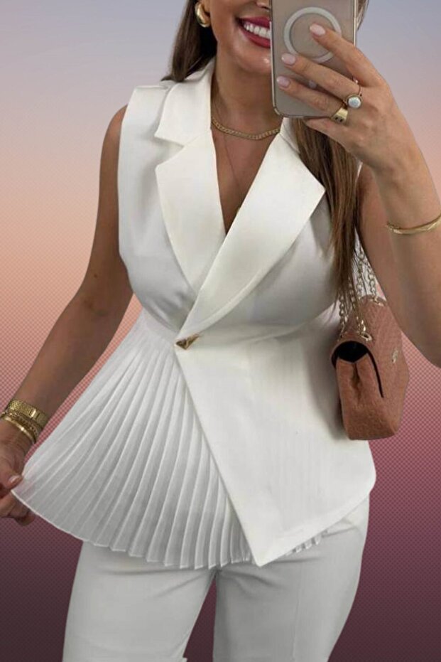 Metal Buttoned Sleeveless Pleated Detailed Women's Blouse 033
