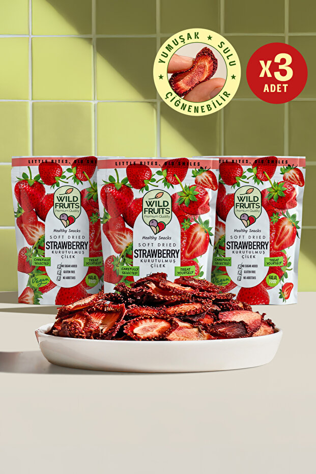 WildFruits Premium Quality Kuru Meyve Çilek - Katkısız, Yumuşak Kurutulmuş, Lokum Kıvamında, Şeker İlavesiz, Vegan 3 x 50gr