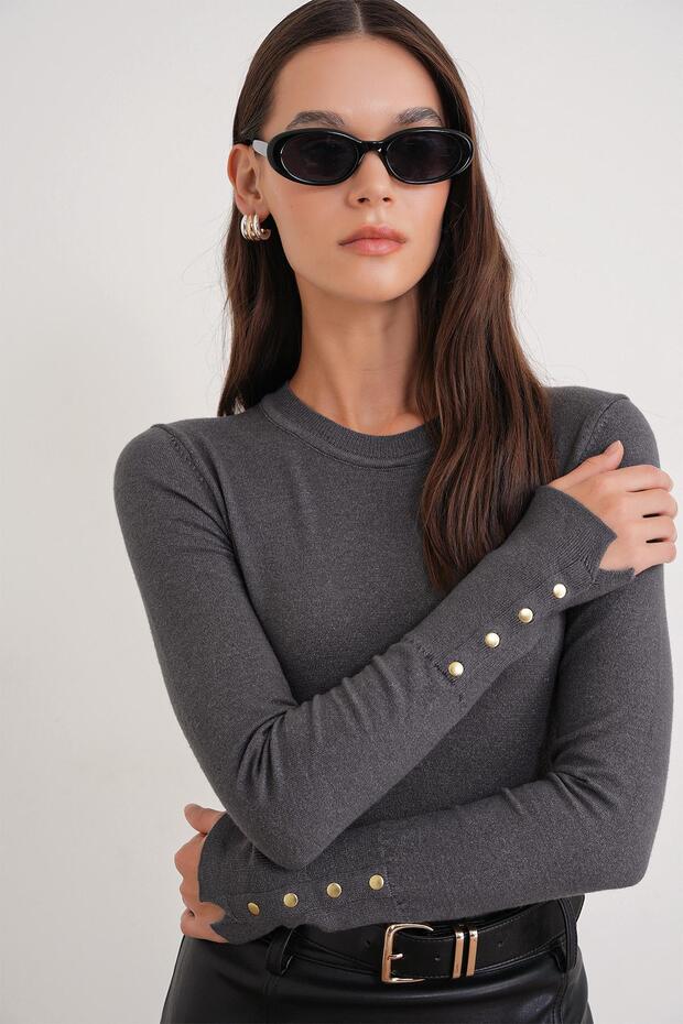 6736 Women's Crew Neck Sleeve Drop Knit Sweater Anthracite