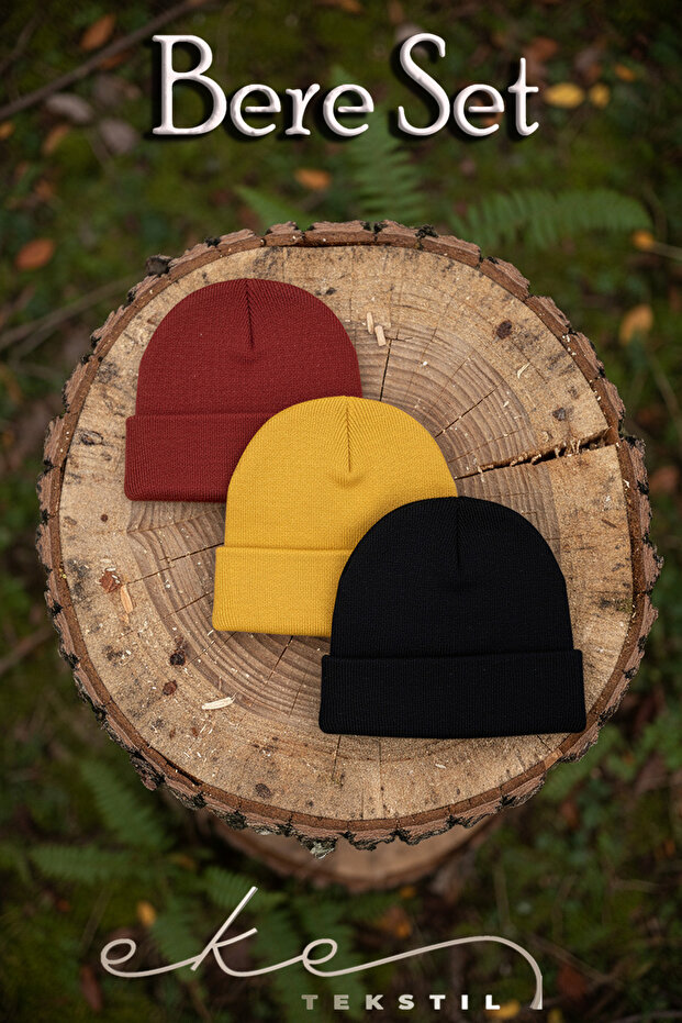 Unisex Folded Black, Red, Yellow 3-Piece Beanie Set