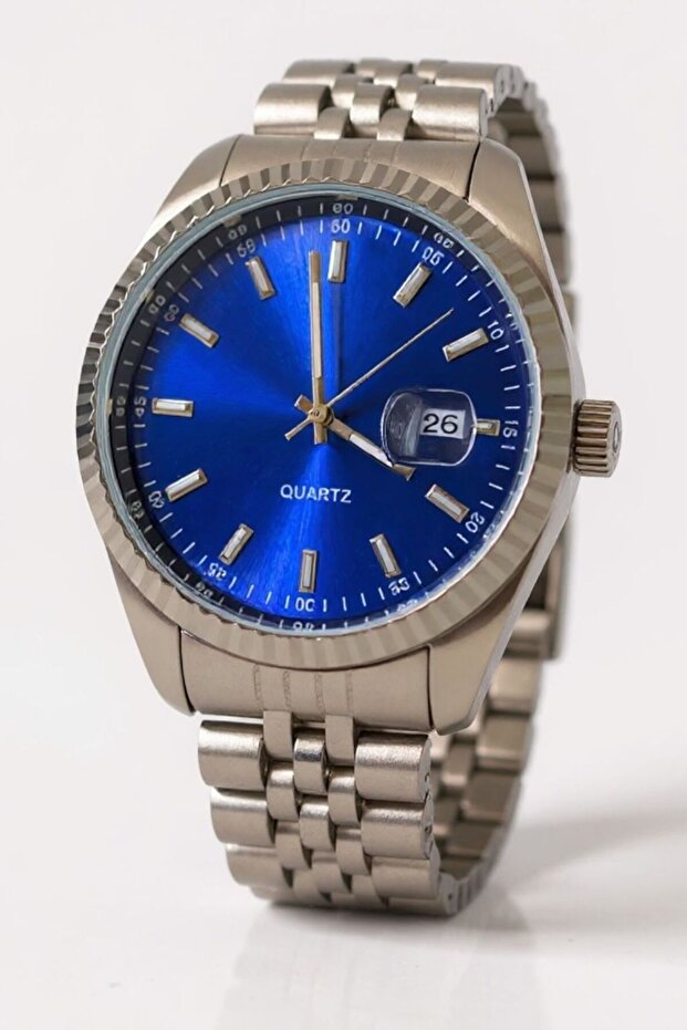 Men's Wrist Watch – Navy Blue Dial, Calendar, Metal Band - in Special Box
