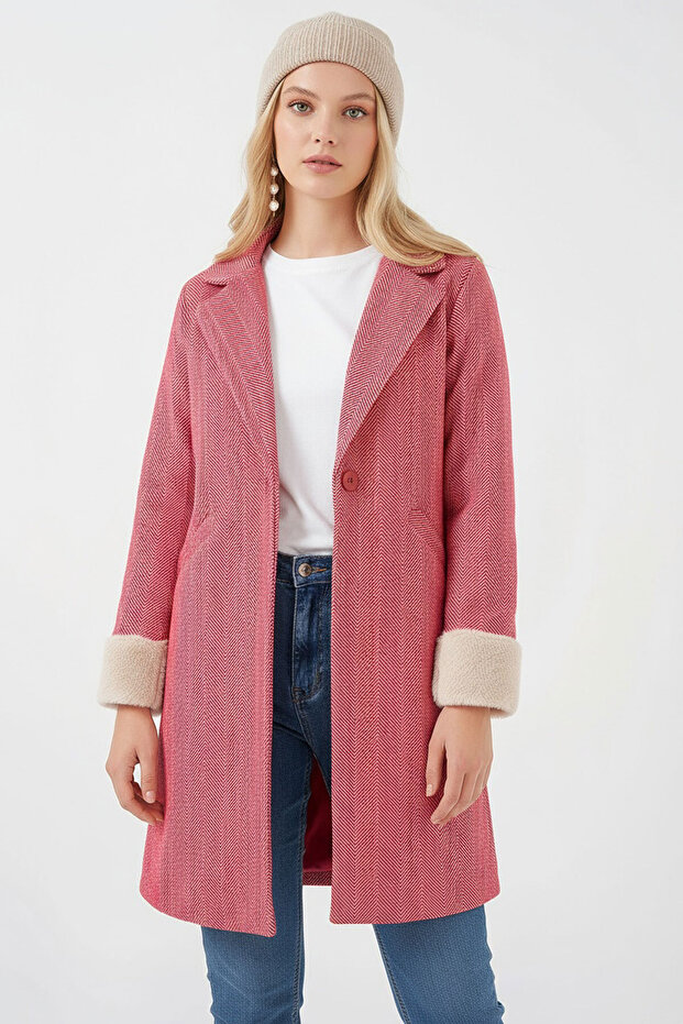 9145 Women's Fish Back Cashew Coat with Feather Sleeves - Red