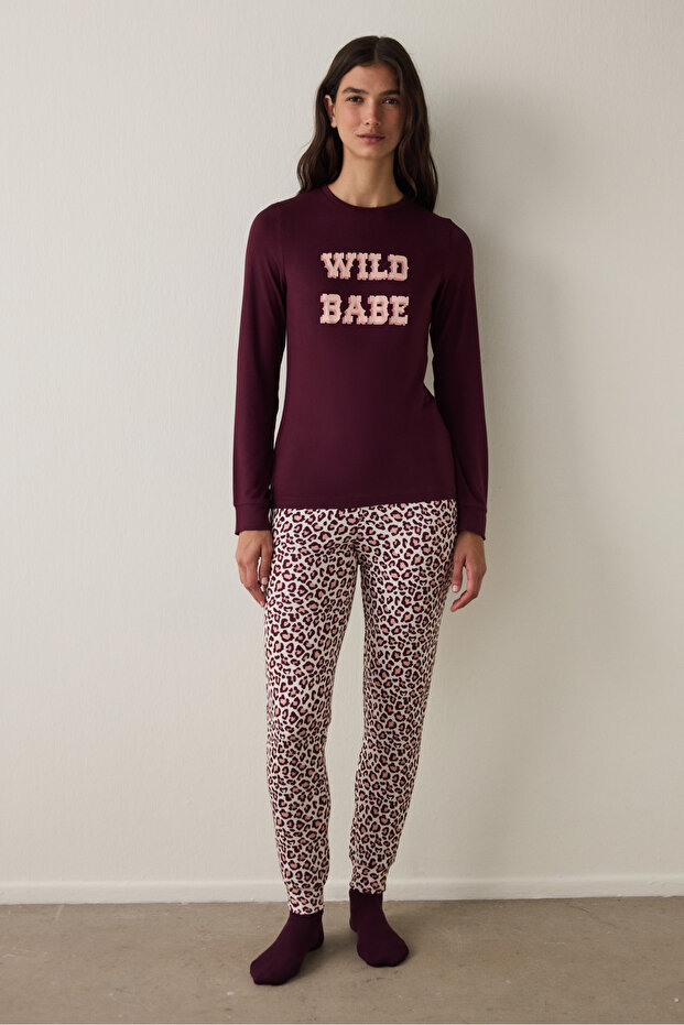Bordo Bisiklet Yaka Sloganlı Uzun Kollu Pijama Üstü - 3