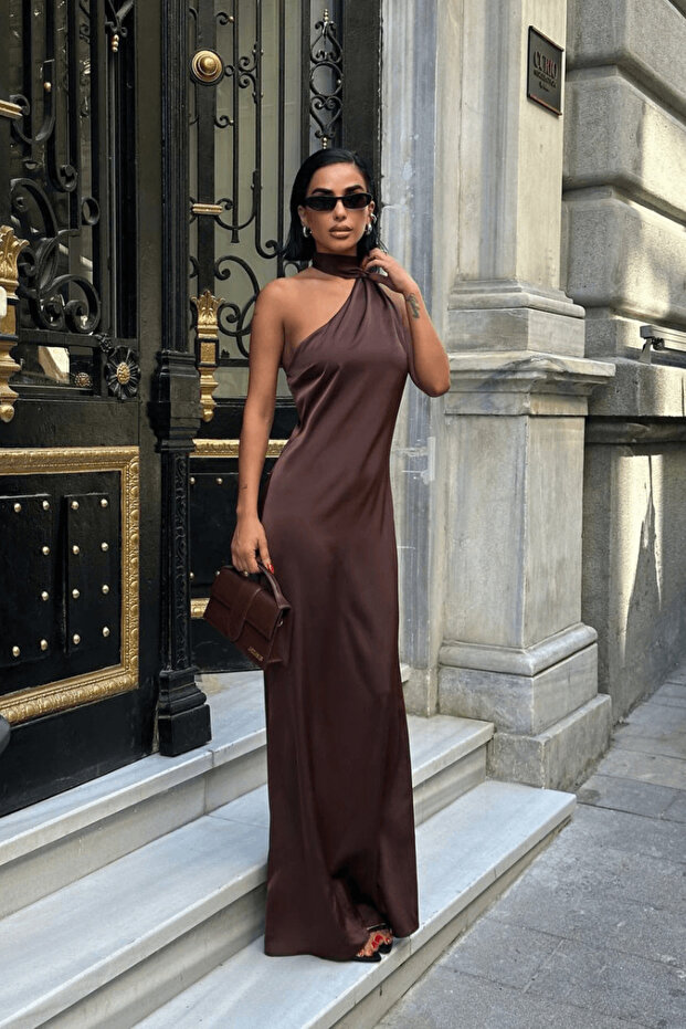 Kadın Tek Omuz Şal Detaylı Abiye Elbise - 1