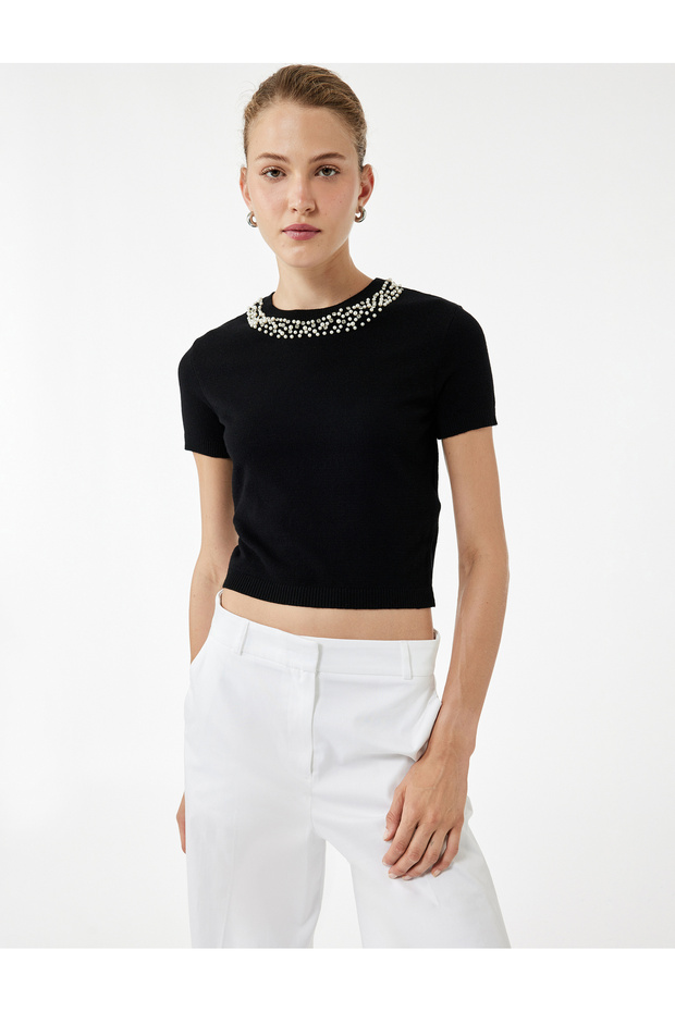Viscose Blended Bead Detailed Short Sleeve Knitwear Sweater