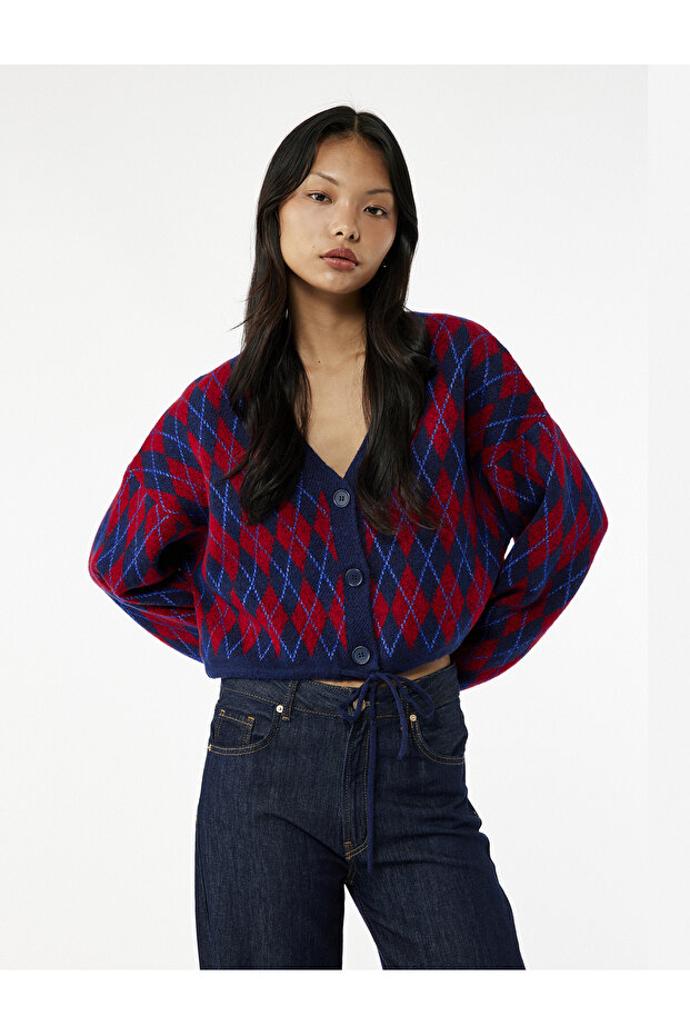 Buttoned V-Neck Lace-Up Detailed Geometric Patterned Long Sleeve Knitwear Cardigan