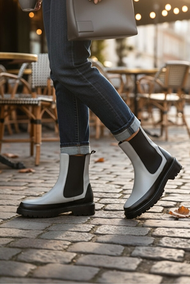 Women's Black Gray Genuine Leather Chelsea Boots Size 35-41